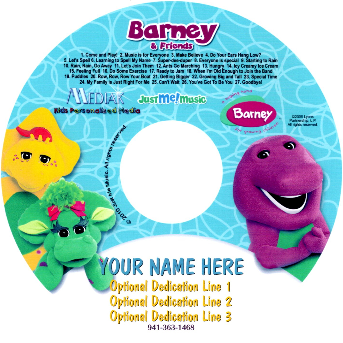  SING ALONG WITH BARNEY AND FRIENDS - NAME PERSONALIZED - CD DISK & OPTIONAL DIGITAL MP3